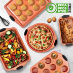 NutriChef 10-Piece Nonstick Baking Pan Set - Premium Carbon Steel Bakeware with Silicone Handles, Baking Pans, Pizza Pan, Square Pan, Loaf Pan, Cookie Sheet, Round Pan, 12/24 Cup Muffin Pan (Copper)