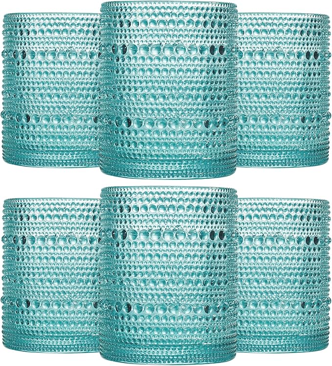 JOVGANK Mint Green Vintage Hobnail Drinking Glasses Set of 6, Embossed Water Tumbler 12oz, Kitchen & Bar Beaded Glass Cups, Beverage Glass Cups for Water, Beer, Juice, Housewarming, Mother's Day Gift