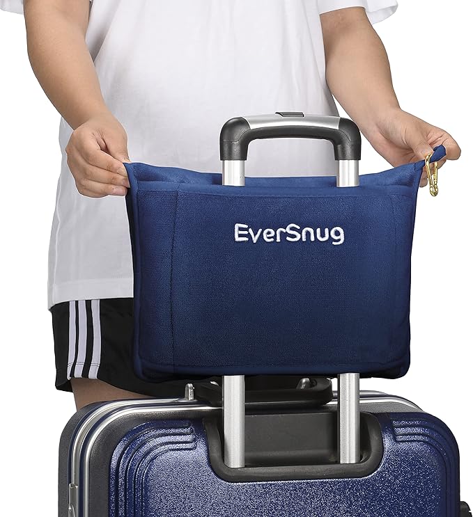 EverSnug Travel Friendly Blanket and Pillow Bundle – Airplane Travel Accessories with Soft Bag Pillowcase for Women & Kids, Hand Luggage Sleeve and Backpack Clip | Color Includes Navy Blue & Grey
