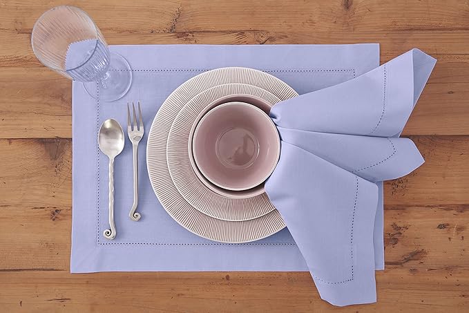 Solino Home Light Blue Napkins Set of 4 - Cotton Linen Hemstitch Dinner Napkins Cloth 20 x 20 Inch for New Year - Handcrafted and Machine Washable
