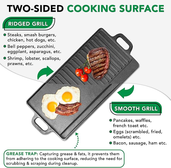 ProSource 2-in-1 Reversible 19.5” x 9” Cast Iron Griddle with Handles, Preseasoned & Non-Stick for Gas Stovetop, Oven and Open Fire.