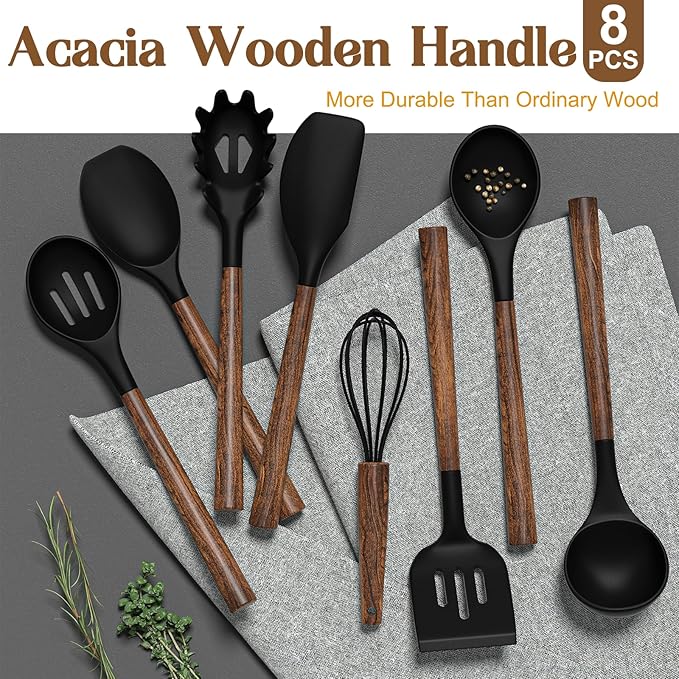 Silicone Cooking Utensil Set, Umite Chef 8-Piece Kitchen Utensils Set with Natural Acacia Wooden Handles,Food-Grade-Silicone Kitchen Gadgets Spatulas Set for Nonstick Cookware- Black