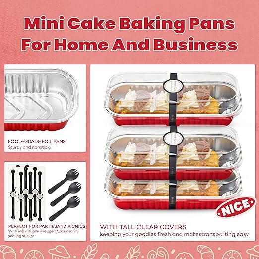 NPLUX 50 PACK Mini Cake Pans with Lids and Spoons, Rectangular Aluminum Foil Bread Pan, Mini Loaf Pans and Food Containers with Lids(Red, 6.8oz)