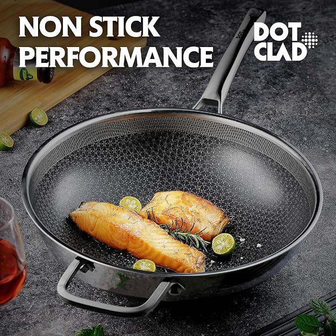 DOTCLAD Wok pan,Hybrid 12 inch Wok with Lid, PFOA Free Cookware,non stick Stainless Steel Woks & Stir-fry pans Nonstick, Dishwasher and Oven Safe, Works on Induction