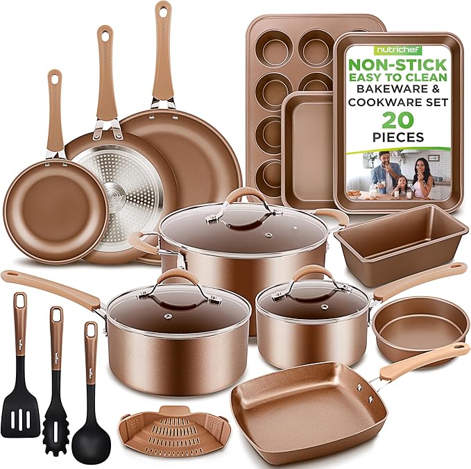 NutriChef 20-Piece Pots and Pans Set Non Stick – Induction Cookware Set, PFAS-Free Nonstick Cookware for All Cooktops, Includes Bakeware & Kitchen Utensils
