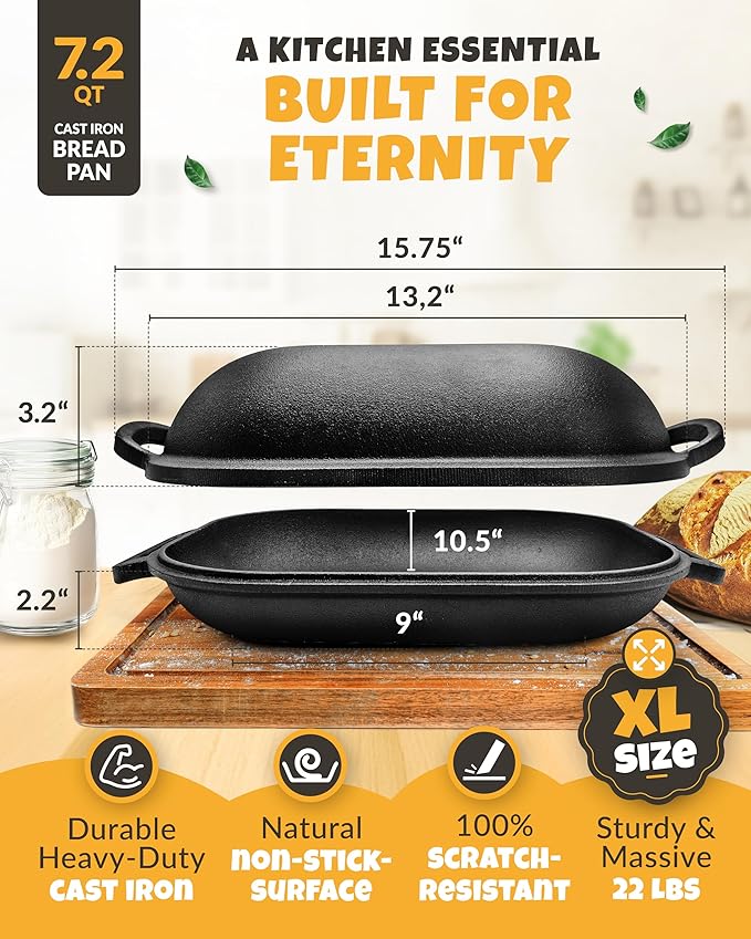 CRUSTLOVE Cast Iron Bread-Pan with Lid - incl. Sourdough Bread Baking Supplies - like Banneton Bread-Proofing Basket - 7.2QT Bread-Oven Dutch, Oven for Bread-Baking Cast Iron Pan Scoring Tool Lame Kit