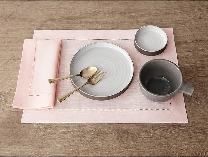 Solino Home Linen Cloth Placemats Set of 6-100% Pure Linen Hemstitch Pink Placemats 14 x 19 Inch - Classic Hemstitch Table Place Mats for Valentines