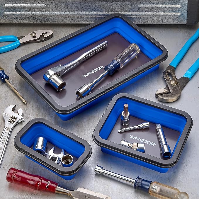 Collapsible Magnetic Parts Tray Set - 3 Different Size Tool Trays for Screw, Bolts, Nuts, Washers, Pins and Other Small Metal Parts, Mechanic Tool Gifts for Men - Blue