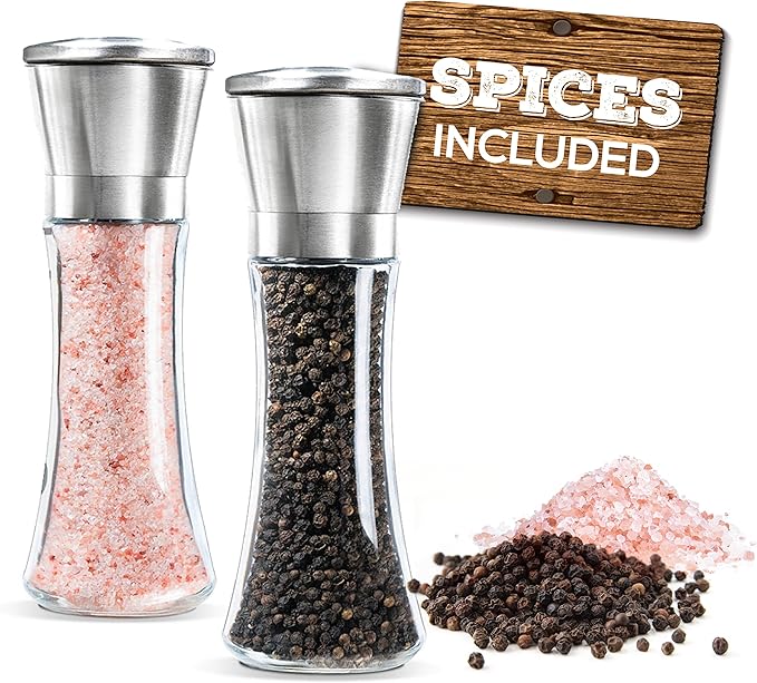 Prefilled Stainless Steel Salt and Pepper Grinder Two Piece Set - Includes Himalayan Salt and Quality Black Pepper - Glass and Stainless Steel Mill - Large Capacity Shakers - Top Loading By Mason Mil