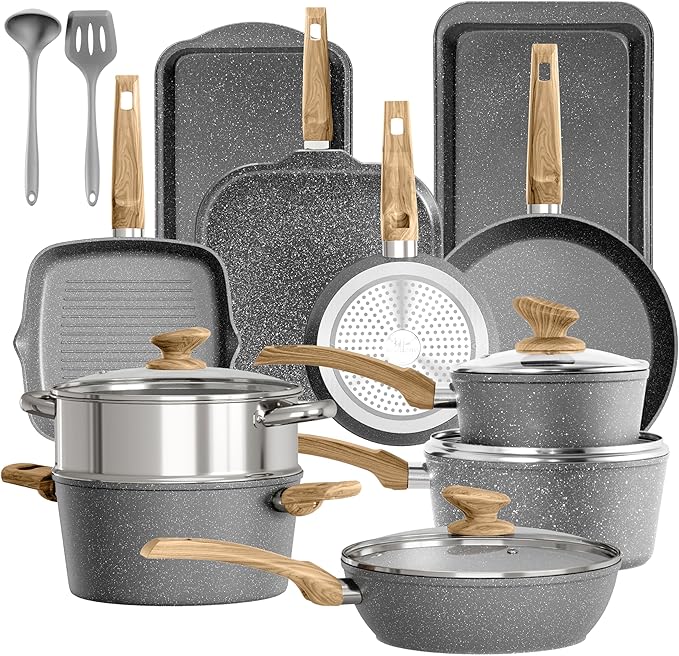 DishDelight 17 Piece Pots and Pans Set Non Stick, Granite Nonstick Cookware Set, Induction Cookware and Bakeware Set, Nonstick Kitchen Cookware Set, Gray