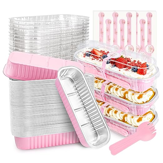 NPLUX 50 PACK Mini Cake Pans with Lids and Spoons,Rectangular Aluminum Foil Bread Pan,Mini Loaf Pans and Food Containers with Lids(Pink,6.8oz)