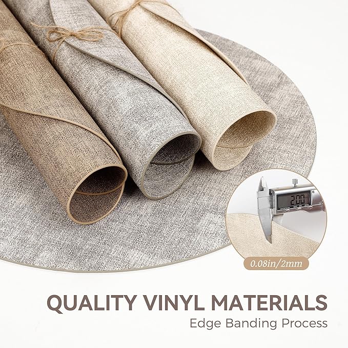 13" Round Placemats Set of 8, Reversible Faux Leather Heat Resistant Table Mats, 100% Waterproof Oilproof Wipeable Table Protective Placemats for Vinyl, Washable for Indoor & Outdoor Use (8, Beige)