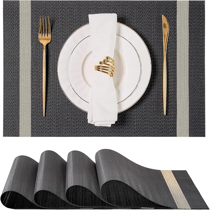 Leetaltree Luxury Black Placemats with Gold Stripes Placemats Set of 4 - Waterproof Washable for Wedding, Anniversary, Daily Use - Sparkling Table Decor - Hand-Cut