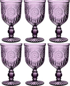 Yungala Purple Wine Glasses set of 6 purple goblets. GLASS goblets for wine, water or cocktails, vintage glassware and DISHWASHER SAFE, colorful glassware.