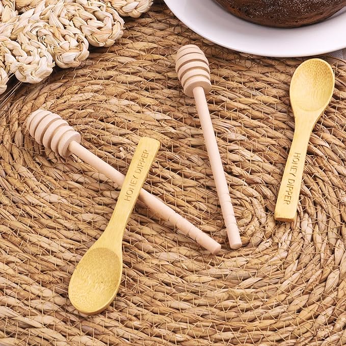 DESIOLE 4Pcs Wooden Honey Dipper Sticks, 6.3 Inch Honey Comb Stick, Mini Honey Mixing Stirrer Spoon for Honey Jar Dispense Drizzle Honey Wedding Party