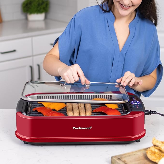 Smokeless Indoor Grill, Techwood 1500W Electric Grill Portable Korean Grill Non-Stick Grill Plates with Temperature Control, Removable Drip Tray, Tempered Glass Lid, Dishwasher-Safe