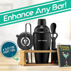 Modern Mixology Cocktail Shaker Set - 8 Piece Bartender Kit on Quality Pine Stand | Complete Cocktail Kit Gift Set | Top Bartender Gifts for Men | Leak Proof Design (Black)