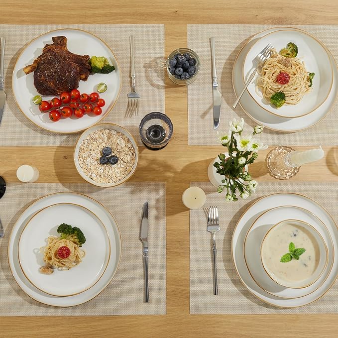 Pokini 24 Piece White Ceramic Plates and Bowls Sets for 8, Reactive Glaze Stoneware with Coastal‑Line Look | Ideal for Holiday Entertaining, Thanksgiving, and Large Family Meals