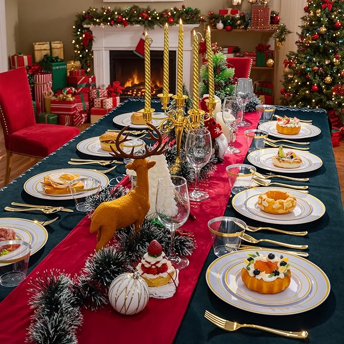 WELLIFE 300 PCS Gold Dinnerware Set for 50 Guests, Gold and White Disposable Plastic Plates for Party, 50 Dinner & Salad Plates, 50 Cups Forks Knives Spoons for Wedding and Party Supplies