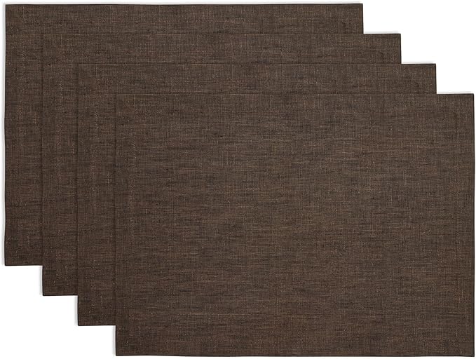 Solino Home Linen Placemats Set of 4-100% Pure Linen Chambray Brown Cloth Placemats 14 x 19 Inch - Athena