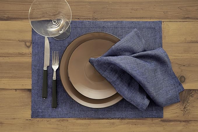 Solino Home Linen Cloth Napkins Set of 4-100% Pure Linen Chambray Navy Dinner Napkins 20 x 20 Inch for Winter, New Year - Athena, Handcrafted and Machine Washable