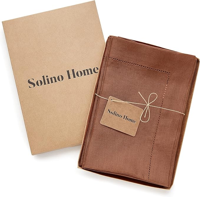 Solino Home Linen Napkins Set of 4 - Classic Hemstitch 100% Pure Linen Cinnamon Dinner Napkins Cloth 20 x 20 Inch for Winter - Handcrafted and Machine Washable
