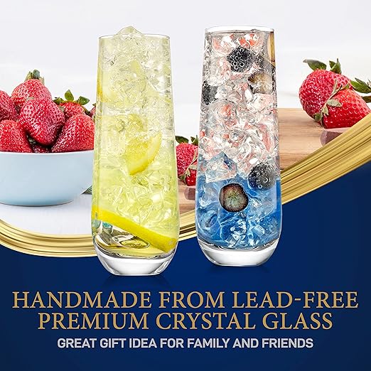 Champagne Flutes Stemless 9.4oz Set of 2 Elegant Clear Crystal Glass Drinkware w/Narrow Rim Seamless Bowl Lead-Free Dishwasher Safe Sparkling Wine Glassware Perfect for Any Occasion by NutriChef
