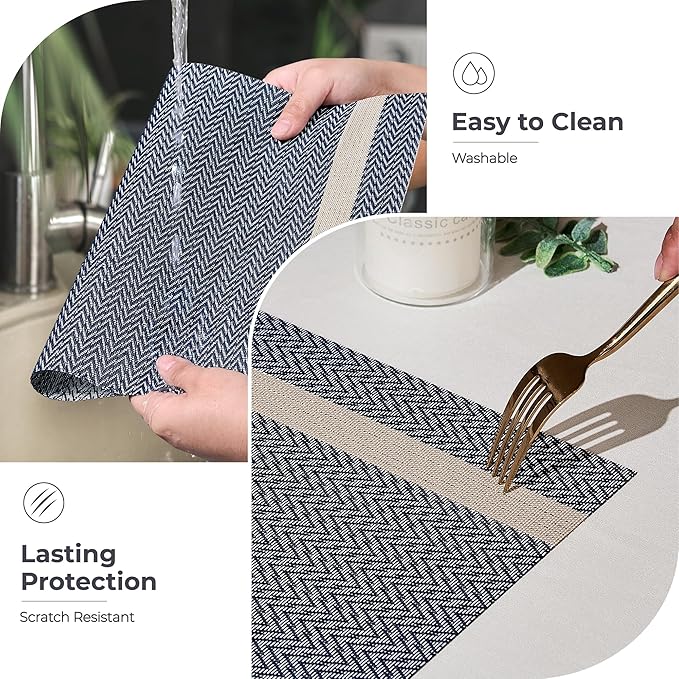 Leetaltree Luxury Dark Blue Placemats with Gold Stripes Placemats Set of 8 - Waterproof Washable for Wedding, Anniversary, Daily Use - Sparkling Table Decor - Hand-Cut