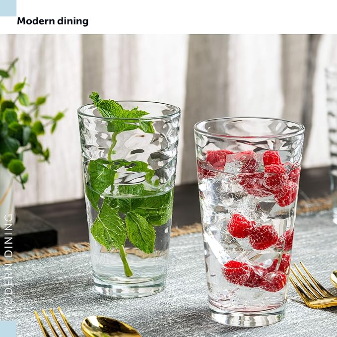 Biscayne Glassware Set, 24-Piece, Mixed Sizes with 16oz Cooler, 13oz DOF, 7 oz Juice and 3oz Shot Glasses - 6 Each Size = 24 Glasses