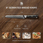 KYOKU Serrated Bread Knife - 8" - Shogun Series - Japanese Style VG10 Steel Core Damascus Blade - with Sheath & Case