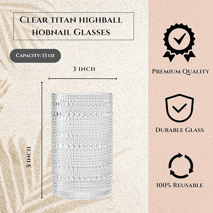 Khen Plastic Hobnail Drinking Highball Glasses Set of 6 Clear Color Cups 14oz, Shatterproof & Unbreakable Acrylic Beaded Design, BPA-Free, Dishwasher Safe Indoor/Outdoor Drinkware Water, Cocktails