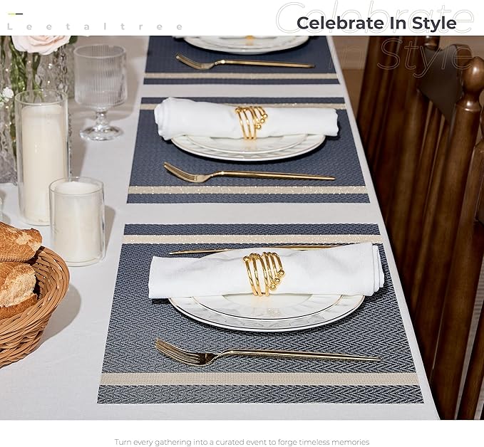 Leetaltree Luxury Dark Blue Placemats with Gold Stripes Placemats Set of 4 - Waterproof Washable for Wedding, Anniversary, Daily Use - Sparkling Table Decor - Hand-Cut