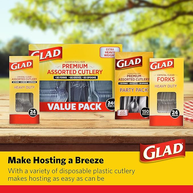 Glad Premium Assorted Plastic Cutlery | Clear Extra Heavy Duty forks, Knives, And Spoons | 150 Piece Set of Disposable Party Utensils, and Sturdy Cutlery - 6 Pack
