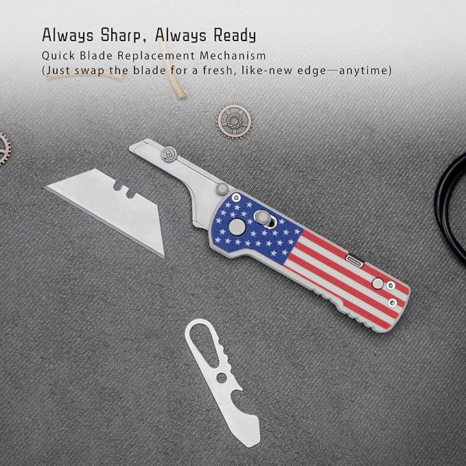 OKNIFE U1 Pro Multitool Folding Utility Knife with Folding Screwdriver, Quick Change Blade Utility Knife, Rail Lock & Pocket Clip for Men Women (Stars&Stripes)