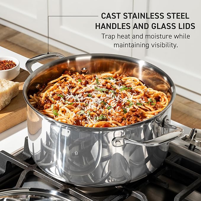 T-Fal Pro Tri-Ply Stainless Steel Large Dutch Oven Pot with Lid, 6 Quart Induction Pot, Oven Safe 500F, Lid 350F, Fast & Even Heat, Professional Quality & Durability, Silver