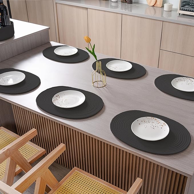 Placemats Set of 6 Oval – Woven Boho Farmhouse Table Mats for Dining Table for 6, Kitchen Decor, Washable and Handmade Rustic Table Accessories(Oval, Black)