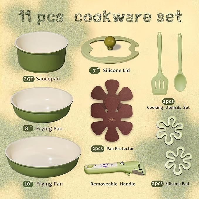 CAROTE 11pcs Ceramic Cookware Set, Pots and Pans Set Non stick, Induction Kitchen Cookware with Removable Handle, RV Dishwasher ＆ Oven Safe, RV/Camping Cookware, PFOA Free, Green