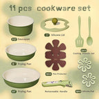 CAROTE 11pcs Ceramic Cookware Set, Pots and Pans Set Non stick, Induction Kitchen Cookware with Removable Handle, RV Dishwasher ＆ Oven Safe, RV/Camping Cookware, PFOA Free, Green