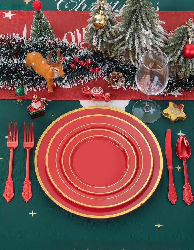 WDF 25PCS Red Plastic Charger Plates - 12inch Red and Gold Chargers for Dinner - Disposable Charge Plates - Perfect for Christmas/Party/Elegant Tabletop Decor