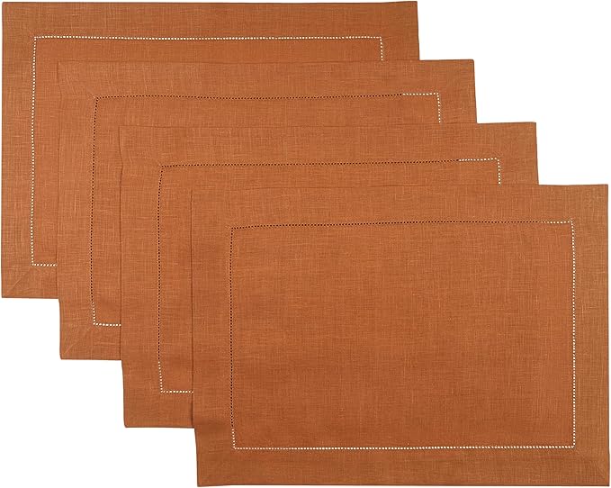 D'Moksha Homes Rust Linen Placemats Set of 4 - Classic Hemstitch Placemats 14 x 19 Inch - 100% Pure Linen Table Mats for Winter, Holiday, New Year - Handcrafted and Machine Washable