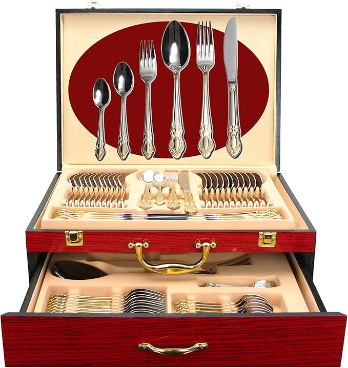 75-Pc Luxury Flatware Set for 12 w/Storage Case 24K Gold Premium Dining Cutlery Service - 18/10 Surgical Stainless Steel Silverware Hostess Serving Set in a Chest