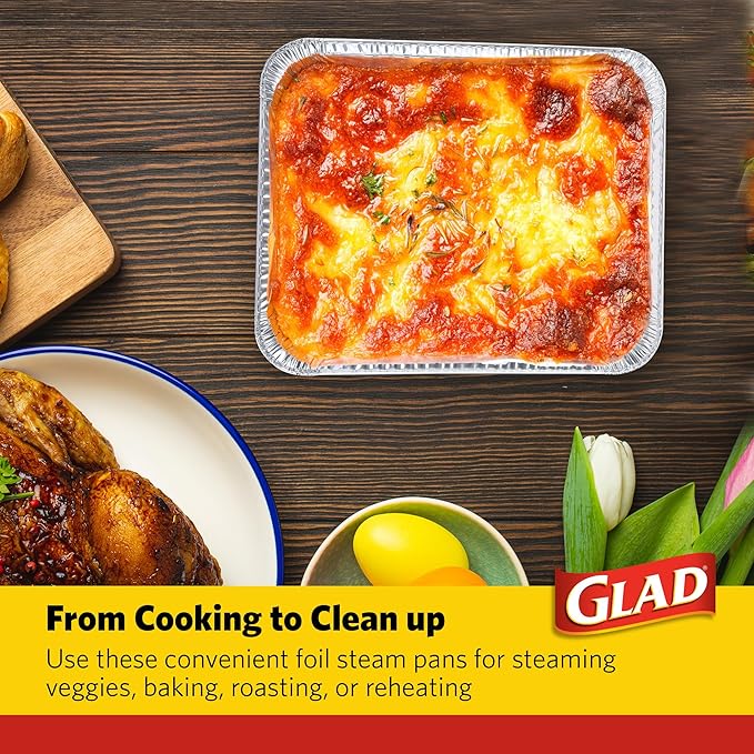 Glad Disposable Aluminum All Purpose Pans in Red, White & Blue Stars, 3ct with Lids - Printed Colorful Foil Steam Pans - 12.5” x 10.2” x 2.16” Aluminum Pan - Disposable Steamware (Pack of 2)