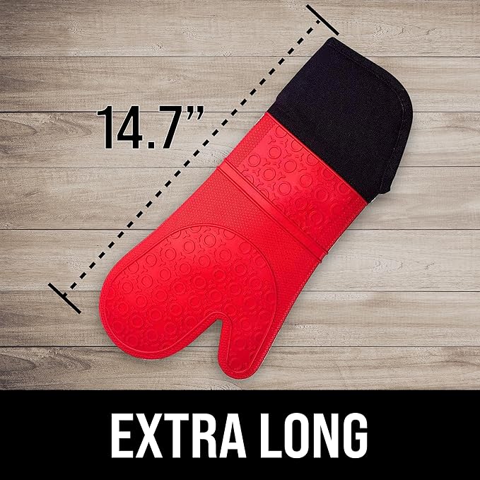 BPA-Free Soft Silicone Oven Mitts - Ultra Heat Resistant Oven Mitts with Thick Cotton Liner - Extra Long Slip Resistant Pot Holders, Flexible Oven Gloves - Red/Black 14.7"