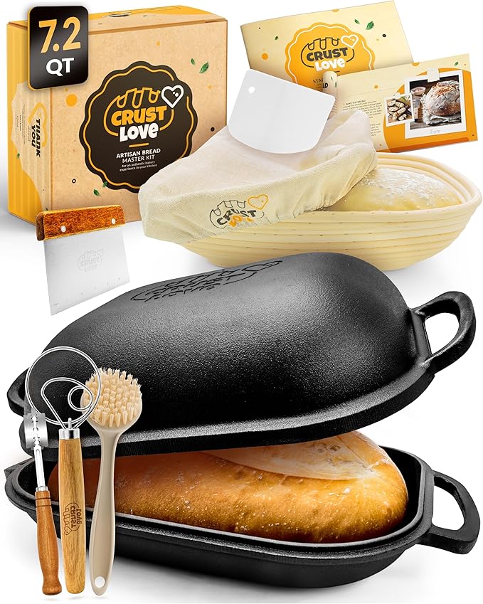 CRUSTLOVE Cast Iron Bread-Pan with Lid - incl. Sourdough Bread Baking Supplies - like Banneton Bread-Proofing Basket - 7.2QT Bread-Oven Dutch, Oven for Bread-Baking Cast Iron Pan Scoring Tool Lame Kit