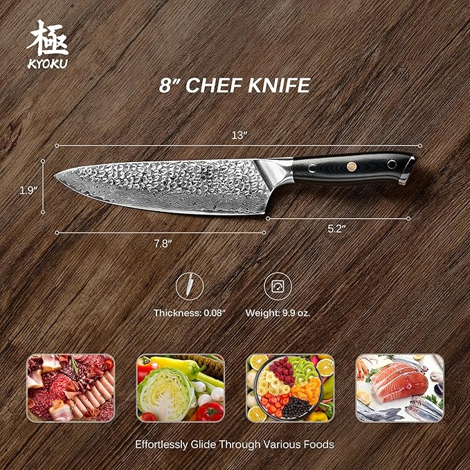 KYOKU Chef Knife - 8"- Shogun Series Japanese Style VG10 Steel Core Hammered Damascus Blade Kitchen Knife - with Sheath & Case
