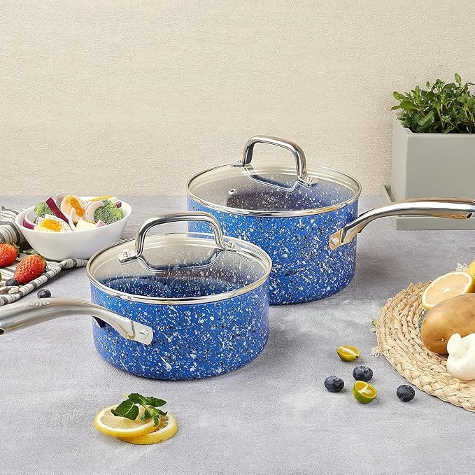 Kitchen Granite Nonstick 1 Quart and 2 Quart Sauce Pan Set with Lid, Multipurpose Pots Set Use for Home Kitchen or Restaurant, Blue