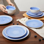 Pokini Ceramic Dinnerware Sets, Handmade Reactive Glaze Plates and Bowls Sets, Highly Chip and Crack Resistant Dish Set, Distinctive Granulated Surface Dishwasher & Microwave Safe Service for 4