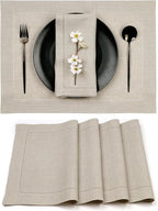 D'Moksha Homes Linen Placemats Set of 4-100% Pure Linen Natural Placemats 14 x 19 Inch - Classic Hemstitch, Washable Natural Placemats for Christmas Decor, Holiday