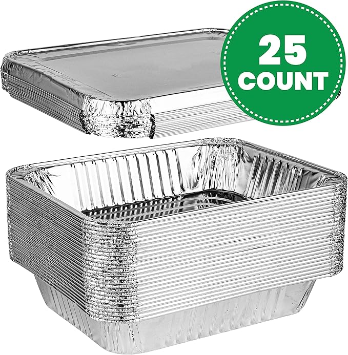 PLASTICPRO Disposable 9 x 13 Aluminum Foil Pans With Lids Half Size Deep Steam Table Bakeware - Cookware Perfect for Baking Cakes, Bread, Meatloaf, Lasagna Pack of 25 Pans & 25 Lids