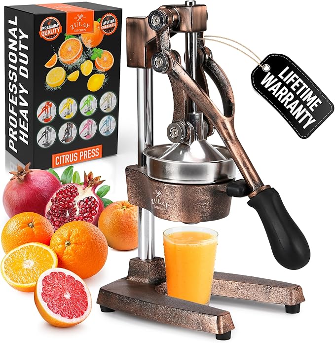 Zulay Kitchen Cast Iron Juicer - Easy-to-Clean Heavy-Duty Manual Juicer, Professional Citrus Juicer - Stainless Steel Lemon Squeezer - Manual Citrus Press & Orange Squeezer - Orange Juicer (Copper)